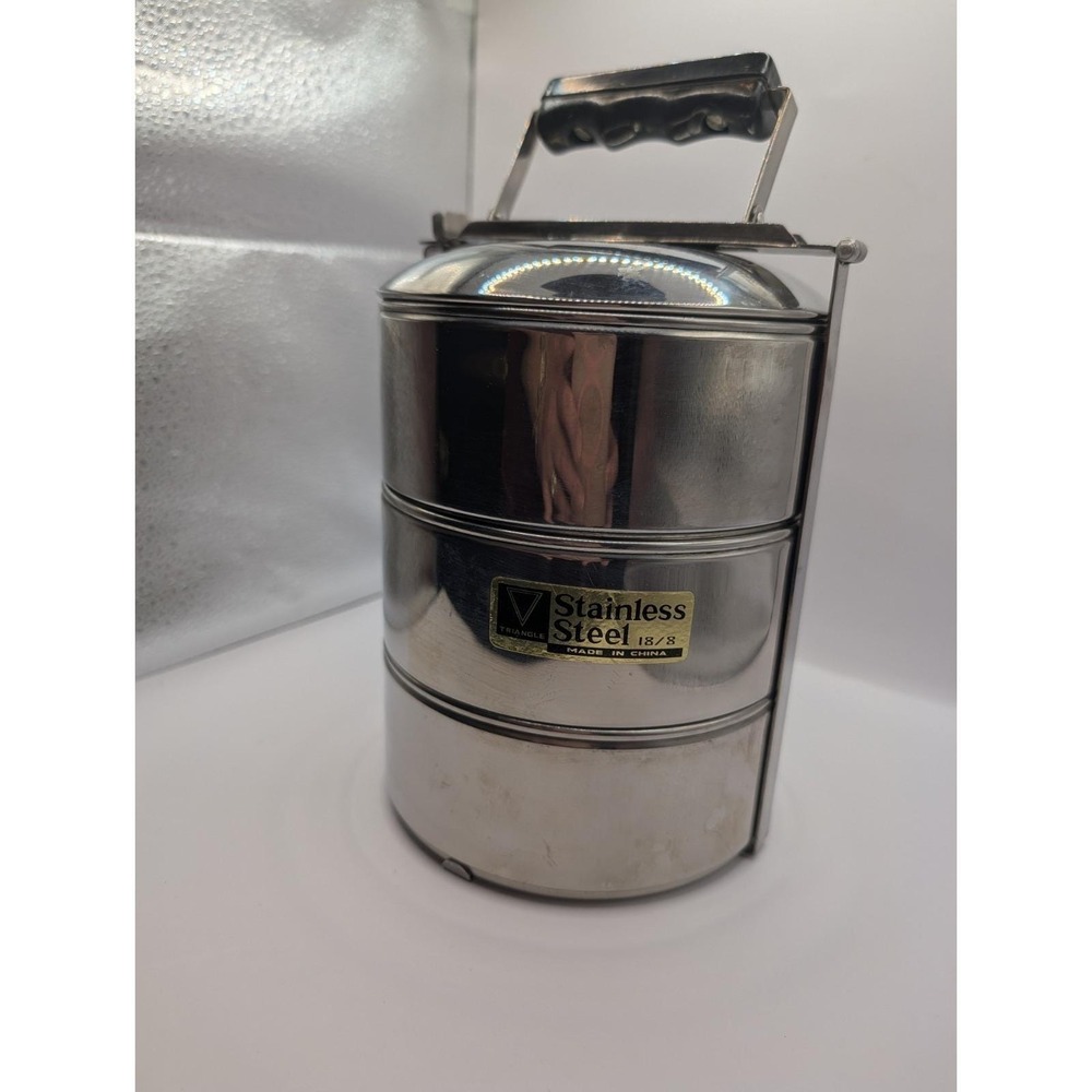 Vintage Triangle Stainless Steel 3-Tier Lunch Box 18-8 Stackable Bento